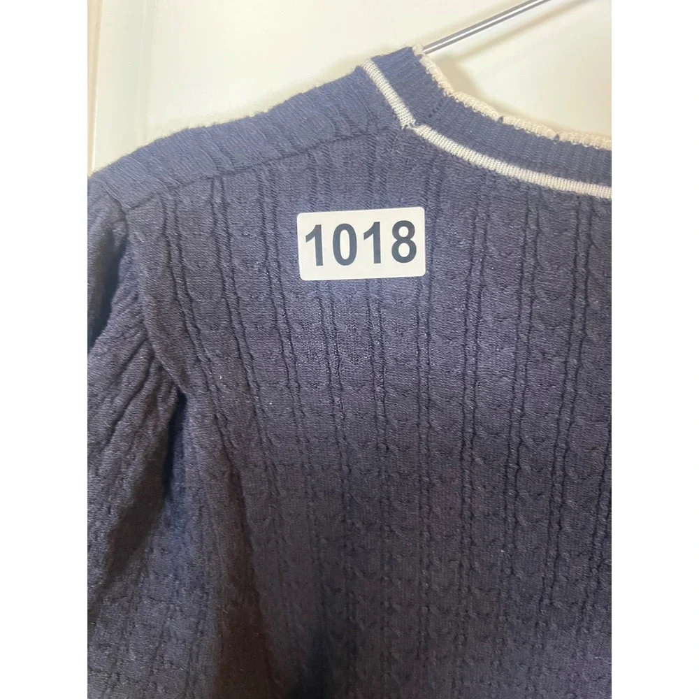 Adrianna Papell Womens Sweater‎ Top Cable Knit Puff Sleeve Navy Blue Size M
